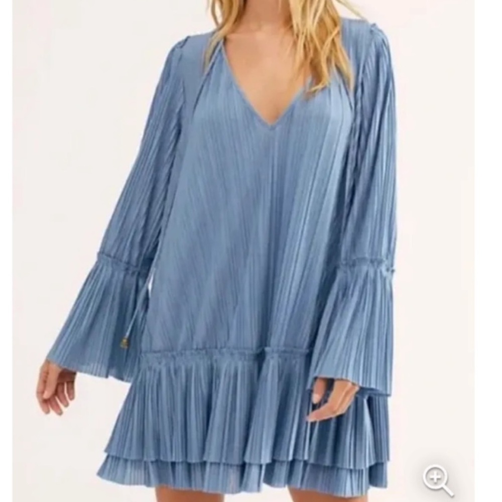 Free People Pleated V-Neck Mini Dress in Dusty Blue